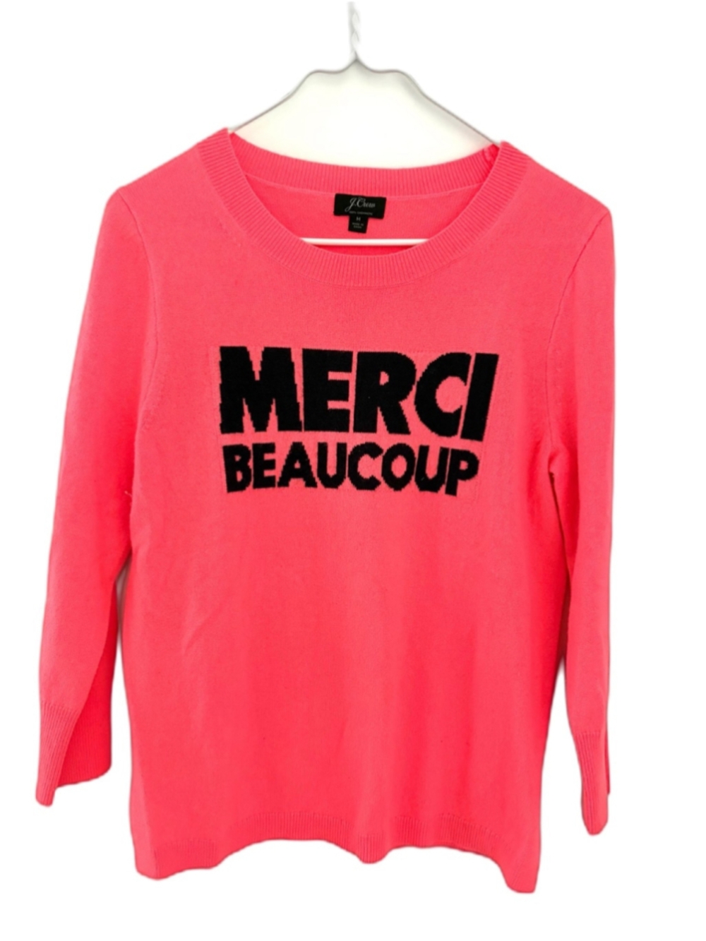 J.Crew Everyday Cashmere Crewneck Sweater With "Merci Beaucoup" Size M Neon Pink